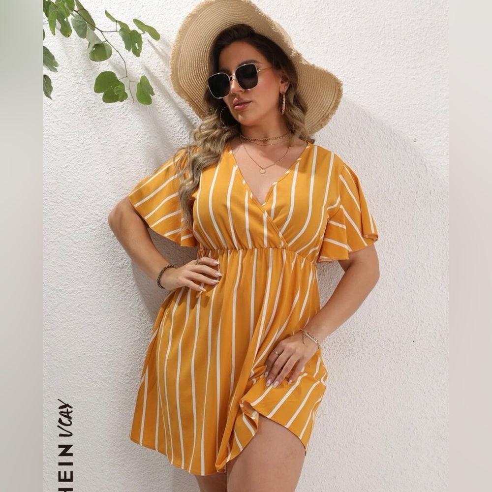 SHEIN Curve 2X Faux Wrap Dress in Ochre with White Stripes